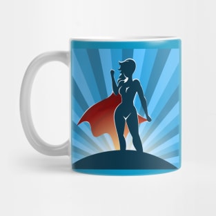 Female Superhero Standing on Blue Burst background Mug